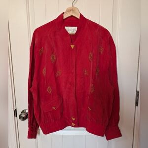 Vintage Audacity Women’s Rayon Embellished Bomber Jacket Medium Red/Gold
